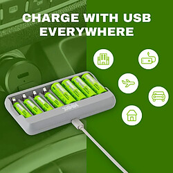 Chargeur 8 Piles Rechargeables AA et AAA avec 4 Piles AA et 4 Piles AAA Minh Rechargeables | 100% PEAKPOWER | Chargeur Rapide USB