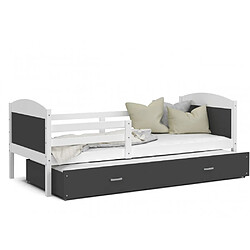 Kids Literie Lit Gigogne Mateo 90x190 Blanc - gris Livré avec sommiers, tiroir et matelas en mousse de 7cm