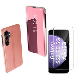 Coque Folio Rabat Miroir Pour Samsung Galaxy S23 FE Couleur Rose + Verre Trempe Protection Ecran Little Boutik©