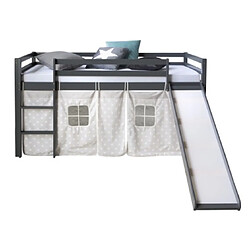 Homestyle4U Lit mezzanine gris pour enfants avec echelle rideaux en tissu et rideaux en etoile 90 x 200 cm