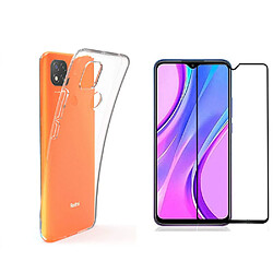 Pack coque transparente en TPU et Protection écran vitre en verre trempé FULL cover noir pour Xiaomi Redmi 9C / Redmi 9C NFC 4G - pochette XEPTIO