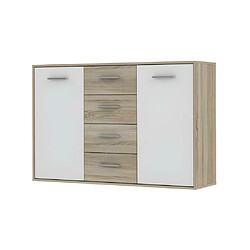 Vente-Unique PILVI Buffet bas 2 portes 4 tiroirs - Blanc et chene sonoma - L 122,6 x P 34,2 H 88,1 cm