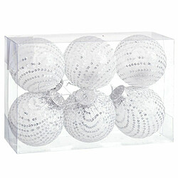 BigBuy Christmas Boules de Noël Blanc Argenté Plastique Tissu Paillettes 8 x 8 x 8 cm (6 Unités)