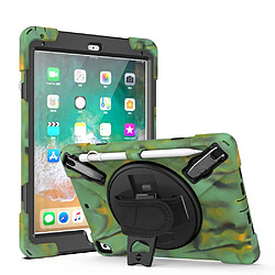 Coque en TPU + Silicone combo avec béquille pivotante à 360° et sangle camouflage pour Apple iPad 9.7 pouces (2018)