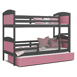 Acheter Kids Literie Lit Superposé 3 Places Mateo 90x190 Gris - rose Livré avec sommiers, tiroir et matelas en mousse de 7cm