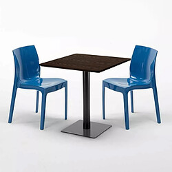 Avis Grand Soleil Table carrée 60x60 pied noir et plateau bois avec 2 chaises colorées Ice Kiss - Bleu