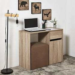 Mes Bureau 90x40x75 cm décor naturel et un pouf marron pas cher