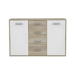 Vente-Unique PILVI Buffet bas 2 portes 4 tiroirs - Blanc et chene sonoma - L 122,6 x P 34,2 H 88,1 cm