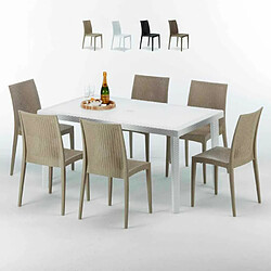 Table Rectangulaire Blanche 150x90cm Avec 6 Chaises Colorées Grand Soleil Set Extérieur Bar Café Bistrot Summerlife, Couleur: Beige