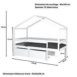 Acheter Le Quai Des Affaires Lit cabane MIKA 90x190 + sommier + 2 tiroirs / Blanc