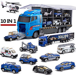 Universal Camions jouets Véhicules de construction Camions de transport de police 10 en 1 Mini plastique moulé sous pression Jouer Voiture Voiture Jouet Set(Bleu)