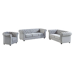 Avis Vente-Unique Canapés 3 places 2 places et un fauteuil CHESTERFIELD - Velours gris clair