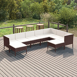 vidaXL Salon de jardin 9 pcs avec coussins résine tressée marron