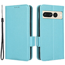 Etui en PU texture litchi, fermoir magnétique double, anti-chocs avec support pour votre Google Pixel 7 Pro 5G - bleu clair