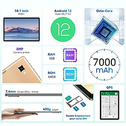 Tablette VANWIN P20 64 Go 10.1 Pouces Android 12 4G LTE SIM | 5G WiFi | Bluetooth5.0 | Or