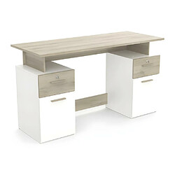 Mes Bureau 2 portes 2 tiroirs 135x55x76 cm décor chêne et blanc