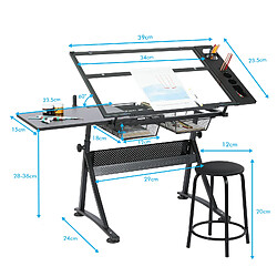 Avis YESKAMO Table à Dessin, Bureau Dessin avec Bureau Latéral Rétractable, 0-65° Angle Réglable, 2 Tiroirs de Rangement, 28-36cm Hauteur Réglable, Tabouret, Parfait pour Artistes, Architectes, Designers