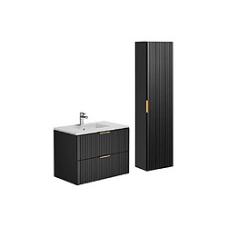 Vente-Unique Meuble de salle de bain suspendu strié avec vasque à encastrer et colonne - Noir - 80 cm - ZEVARA