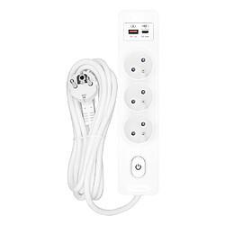 Null Multiprise SELDUR G3FH32B, 3 prises type E + interrupteur, USB A+C charge rapide 20W, Blanc, câble 3m