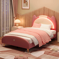 KOMHTOM Lit simple enfant 90x200 cm, avec cadre en bois massif et fer tubulaire, bande LED, beige + rose