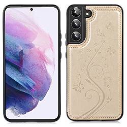 Coque en TPU + PU motif fleur, deux boutons magnétiques avec béquille et porte-cartes or pour votre Samsung Galaxy S22 5G