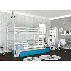 Acheter Kids Literie Lit Superposé 3 Places Milo 90x190 Blanc - bleu Livré avec sommiers, tiroir et matelas en mousse de 7cm