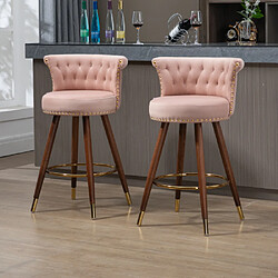 ComfortXL Tabourets de Bar Pivotants en Velours avec Nieten Design, Lot de 2, Pieds en Bois, Rose