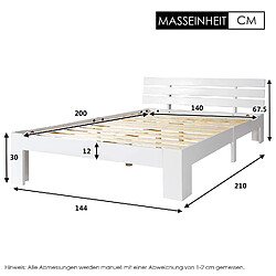 Acheter KOMHTOM Lit Double 200 X 140 cm En Bois De Pin Massif Composé D'Un Cadre De Lit Avec Tête De Lit et Sommier À Lattes - Blanc