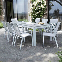 Wilsa Garden Ensemble TAMPA 8p en aluminium blanc et plateau en aluminium décors bois avec 8 fauteuils et 4 chaises pliantes en aluminium et textilène Salon de jardin en aluminium Tampa