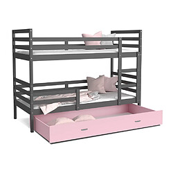 Kids Literie Lit Superposé Milo 90x190 Gris - rose Livré avec sommiers, tiroir et matelas en mousse de 7cm