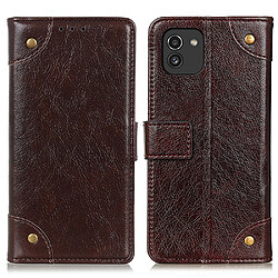 Etui en PU texture nappa, antichoc avec bouton décoratif en laiton café pour votre Samsung Galaxy A03 (Global Version) (166.5 x 75.98 x 9.14mm)