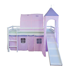 Acheter Decoshop26 Lit mezzanine 90x200cm avec échelle toboggan en bois blanc et toile rose incluse LIT06107