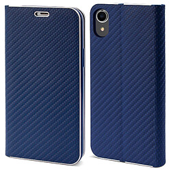 Moozy Étui portefeuille pour iPhone XR, Bleu foncé Carbone – Étui à rabat avec bordure métallique, fermeture magnétique, porte-cartes et fonction béquille