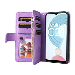 Etui en PU magnétique, antichoc avec béquille, porte-cartes et dragonne, violet clair pour votre Realme C21