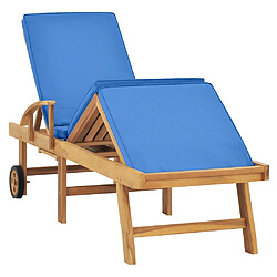 Helloshop26 Transat chaise longue bain de soleil lit de jardin terrasse meuble d'extérieur avec coussin bois de teck solide bleu 02_0012428