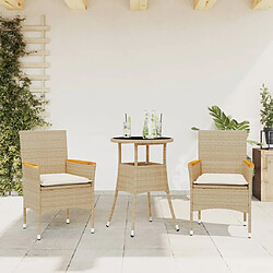 vidaXL Ensemble à manger de jardin et coussins 3 pcs beige rotin verre