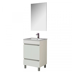 Dansmamaison Ensemble sous vasque 1 tiroir 2 portes 60 cm Blanc + Miroir + Colonne - BOMBA