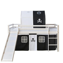 Homestyle4U Lit mezzanine 90x200 avec échelle Tunnel Toboggan et Rideau Pirate Noir