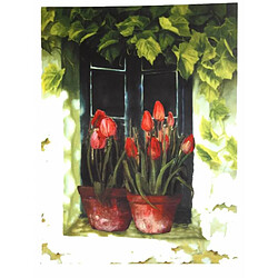 L'Héritier Du Temps Moyen Tableau Cadre Mural en Bois avec Impression sur Toile Motifs Floral Tulipes en Pot sur Fenêtre 2,50x50x70cm