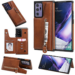 Coque en TPU + PU nouveau revêtement anti-goutte avec porte-carte extérieure et pochette à fermeture éclair marron pour votre Samsung Galaxy Note 20 Ultra/Note 20 Ultra 5G