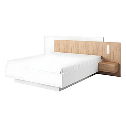 Avis Vente-Unique Lit coffre avec chevets 160 x 200 cm - 2 tiroirs - Avec LEDs - Coloris : Blanc et naturel + Matelas - FRANCOLI