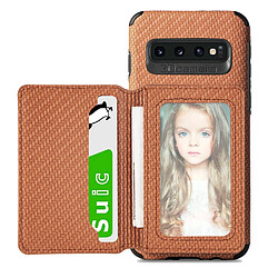 Coque en TPU + PU texture en fibre de carbone avec béquille marron pour votre Samsung Galaxy S10 4G