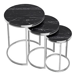 Helloshop26 Set de 3 tables d'appoint rondes gigognes marbre noir argent 03_0008378