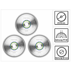 Festool ALUMINIUM/PLASTICS TF64 Lame de scie circulaire, HW 216 x 30 x 2,3 mm, TF64, 216 mm, 64 dents, 3 pcs. (3x 500122)