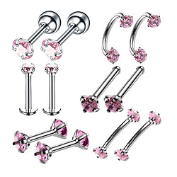 12pcs acier inoxydable couleur bijoux rose piercing nez ongles zircon