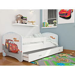 Kids Literie Lit Enfant Happy 80x160 Cars Blanc Livré avec sommiers, tiroir et matelas en mousse de 7cm