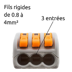 Lot de 300 bornes automatiques à cliquet S222 - 3 entrées – fils rigides et souples 4mm² max - orange - Wago pas cher