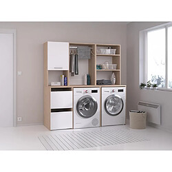 Vente-Unique Meuble pour 2 machines à laver avec étagères, penderie et placards - Naturel clair et blanc - L176 x H184 x P66 cm - ERKANO