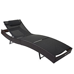 Decoshop26 Chaise longue transat bain de soleil pour jardin poly-rotin marron housse noir 04_0004811