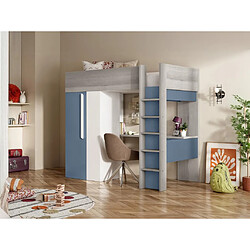 Vente-Unique Lit mezzanine 90 x 200 cm avec armoire et bureau - Bleu et blanc - NICOLAS